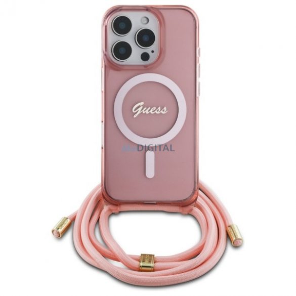 Guess GUHMP16LHCTSGNSP Crossbody Cord Script MagSafe Carcasă tare compatibilă cu MagSafe pentru iPhone 16 Pro - roz