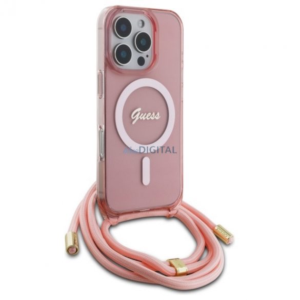 Guess GUHMP16LHCTSGNSP Crossbody Cord Script MagSafe Carcasă tare compatibilă cu MagSafe pentru iPhone 16 Pro - roz