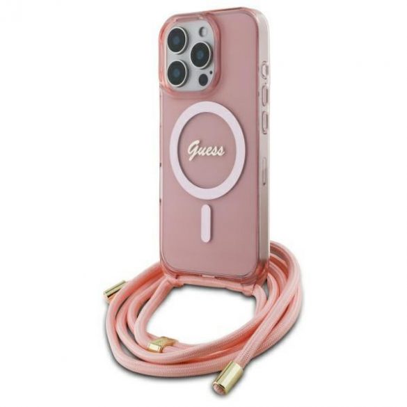 Guess GUHMP16XHCTSGNSP Crossbody Cord Script MagSafe Carcasă tare compatibilă cu MagSafe pentru iPhone 16 Pro Max - roz