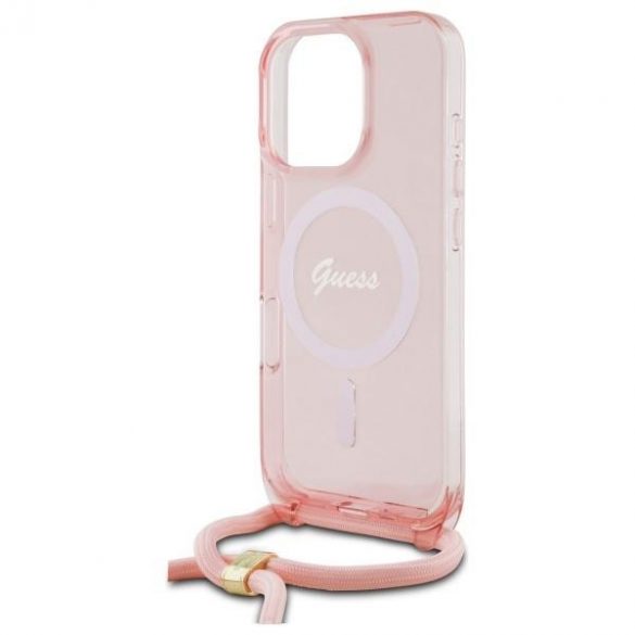 Guess GUHMP16XHCTSGNSP Crossbody Cord Script MagSafe Carcasă tare compatibilă cu MagSafe pentru iPhone 16 Pro Max - roz