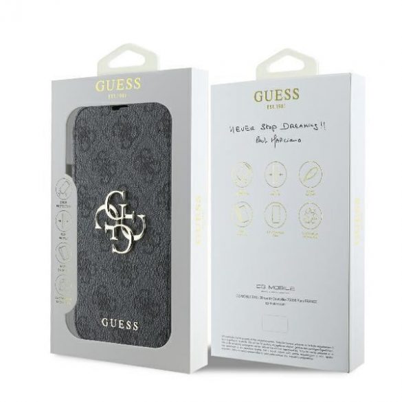 Guess GUBKP16M4GMGGR 4G Metal Logo Book caz iPhone 16 Plus - negru