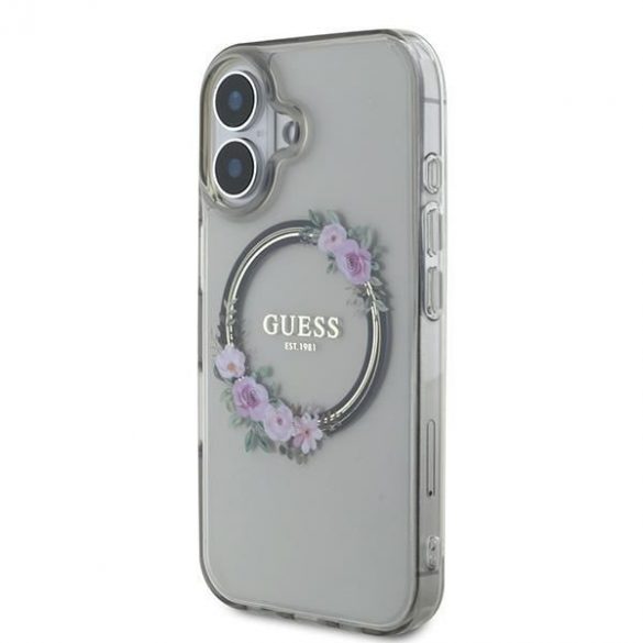 Guess GUHMP16SHFWFCK IML Flowers Wreath MagSafe carcasă tare pentru iPhone 16 - model transparent