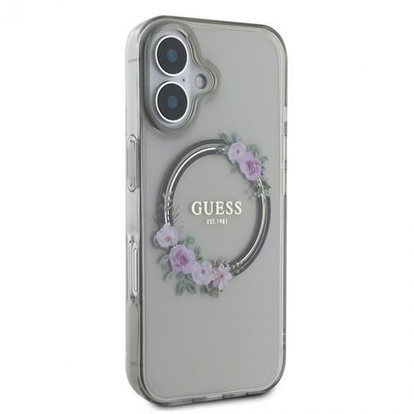 Guess GUHMP16SHFWFCK IML Flowers Wreath MagSafe carcasă tare pentru iPhone 16 - model transparent