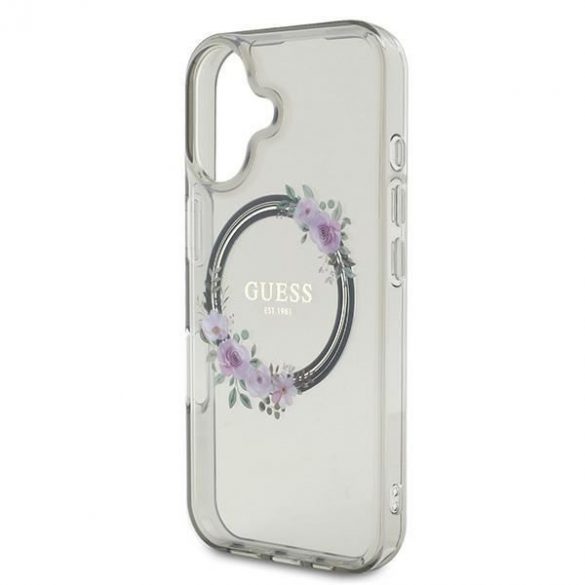 Guess GUHMP16SHFWFCK IML Flowers Wreath MagSafe carcasă tare pentru iPhone 16 - model transparent