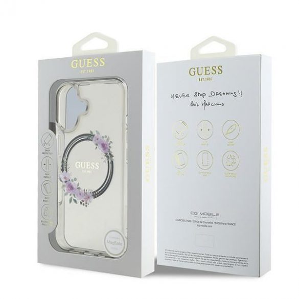 Guess GUHMP16SHFWFCK IML Flowers Wreath MagSafe carcasă tare pentru iPhone 16 - model transparent