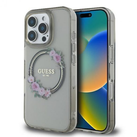 Guess GUHMP16XHFWFCK IML Flowers Wreath Carcasă tare compatibilă MagSafe pentru iPhone 16 Pro Max - gri transparent