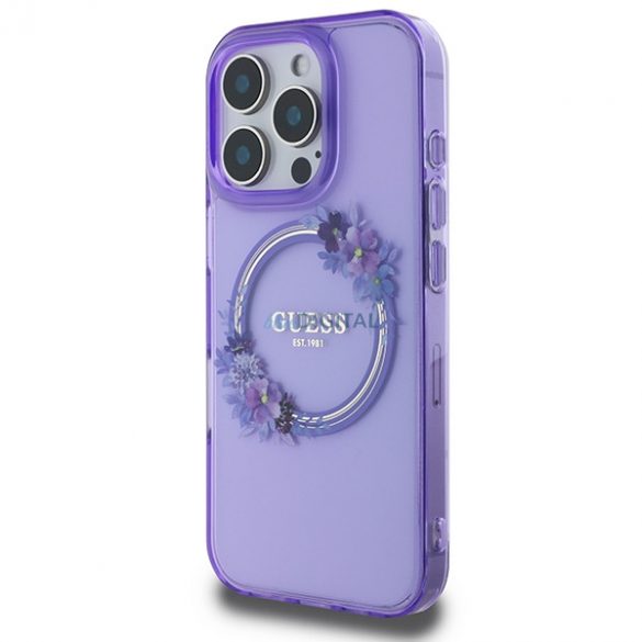 Guess GUHMP16LHFWFCU IML Flowers Wreath MagSafe carcase rigide pentru iPhone 16 Pro - violet