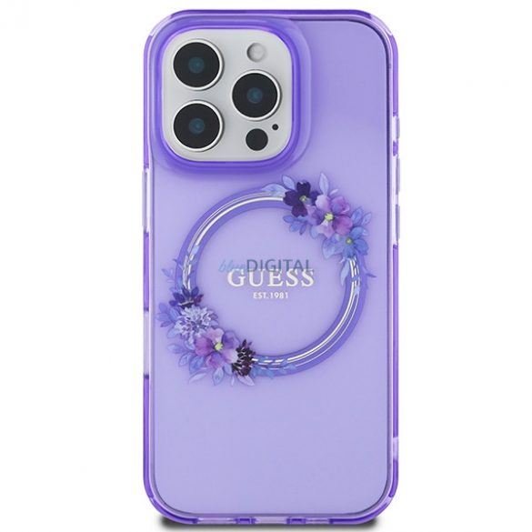 Guess GUHMP16LHFWFCU IML Flowers Wreath MagSafe carcase rigide pentru iPhone 16 Pro - violet