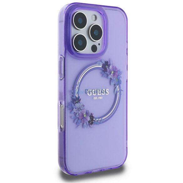 Guess GUHMP16LHFWFCU IML Flowers Wreath MagSafe carcase rigide pentru iPhone 16 Pro - violet