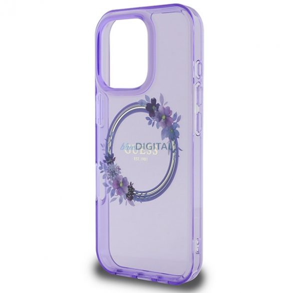 Guess GUHMP16LHFWFCU IML Flowers Wreath MagSafe carcase rigide pentru iPhone 16 Pro - violet