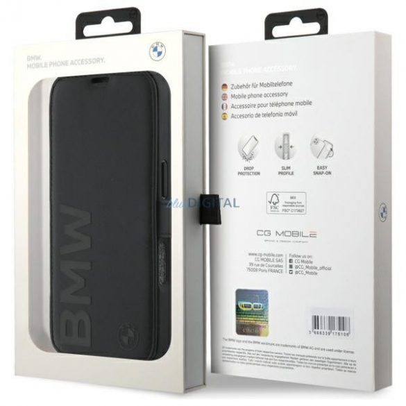 BMW BMBKP16L23RMRLK Semnătură din piele Wordmark Booklet iPhone 16 Pro - negru