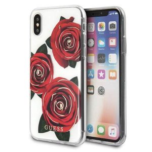 Husa tare transparenta Guess GUHCPXROSTR iPhone X Husa Flower Desire trandafir rosu