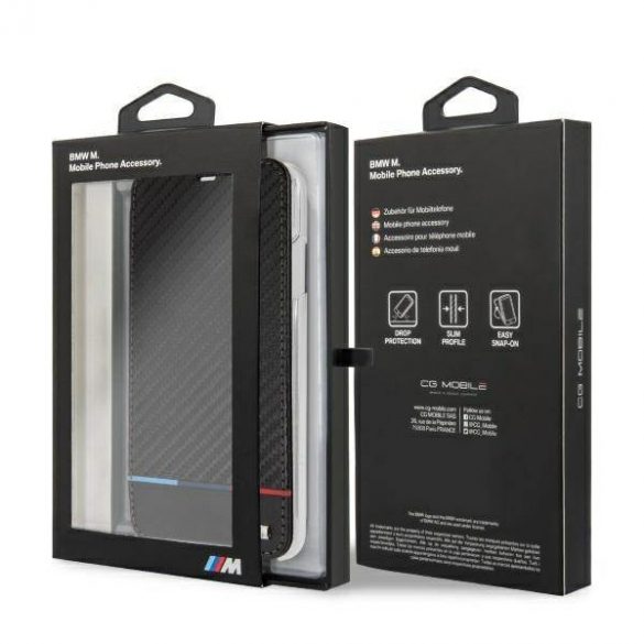 BMW BMTRBKI65PUCARTCBKHusa pentru iPhone XS Max book czarny/negru Carbon Tricolor Stripe