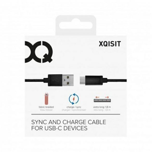 Xqisit kabel Cotton USB C 3.0 czarny /negru 1,8 m 27749