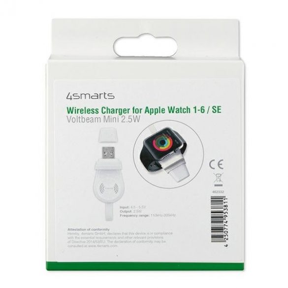 4smarts Ładowarka indukcyjna VoltBeam Mini pentru Apple Watch 1-8/SE z kablem 1m USB-A 2,5 W biały/alb 462332