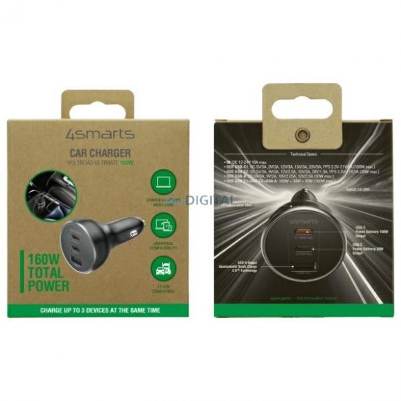 4smarts VoltRoad Ultimate încărcător auto cu 1xUSB-A și 2xUSB-C conexiune 160W - negru