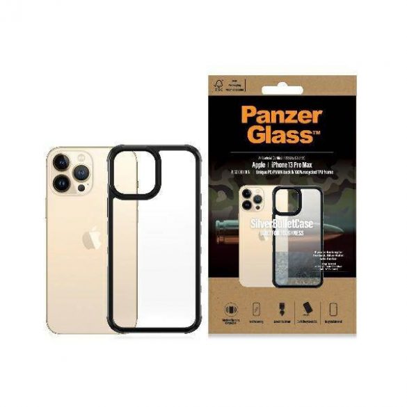 Husă PanzerGlass ClearCase iPhone 13 Pro Max 6,7" neagră, antibacteriană, calitate militară, SilverBullet 0320