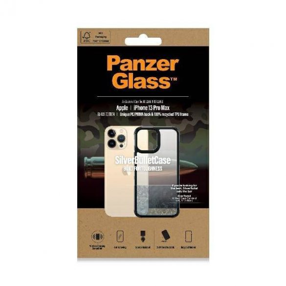 Husă PanzerGlass ClearCase iPhone 13 Pro Max 6,7" neagră, antibacteriană, calitate militară, SilverBullet 0320