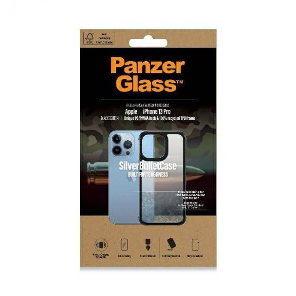 Husă PanzerGlass ClearCase pentru iPhone 13 Pro 6,1" neagră, antibacterian, calitate militară, SilverBullet 0324