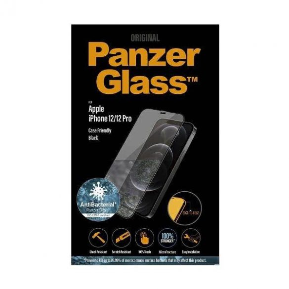 PanzerGlass E2E Super+ iPhone 12/12 Pro Protector de ecran antibacterian MicroFracture prietenos cu husa czarny/negru