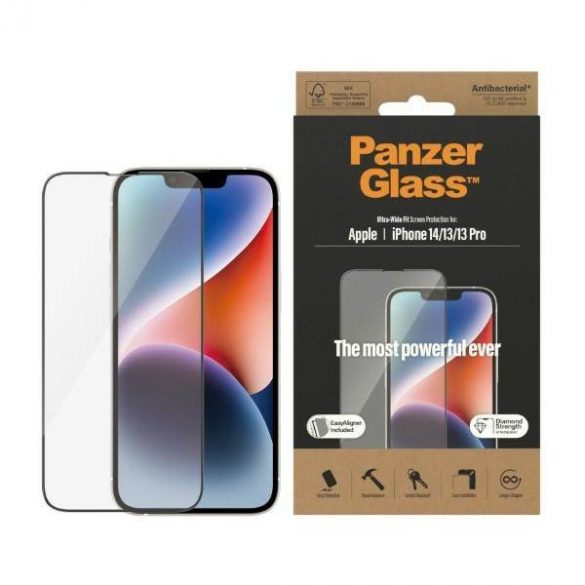 PanzerGlass Ultra-Wide Fit iPhone 14 / 13 Pro / 13 Protecție pentru ecran de confidențialitate de 6,1" Aliniere ușor antibacterian inclus Protector de ecran P2783