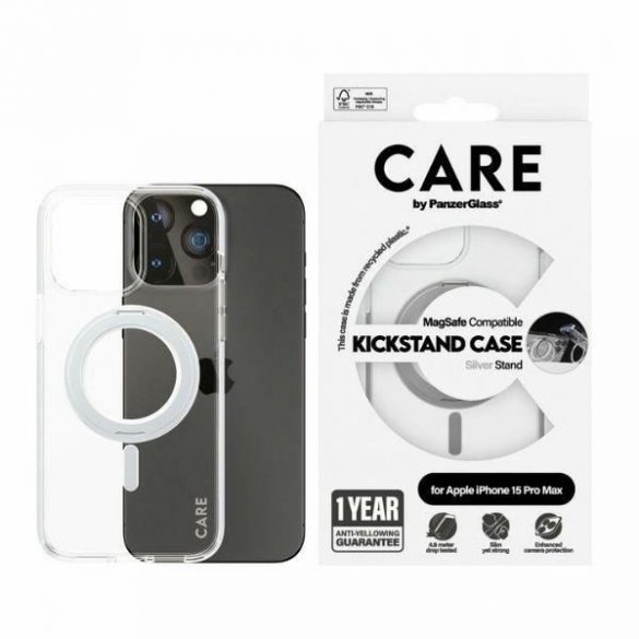 Husă CARE by PanzerGlass Kickstand iPhone 15 Pro Max 6,7" MagSafe srebrny/silver 1415