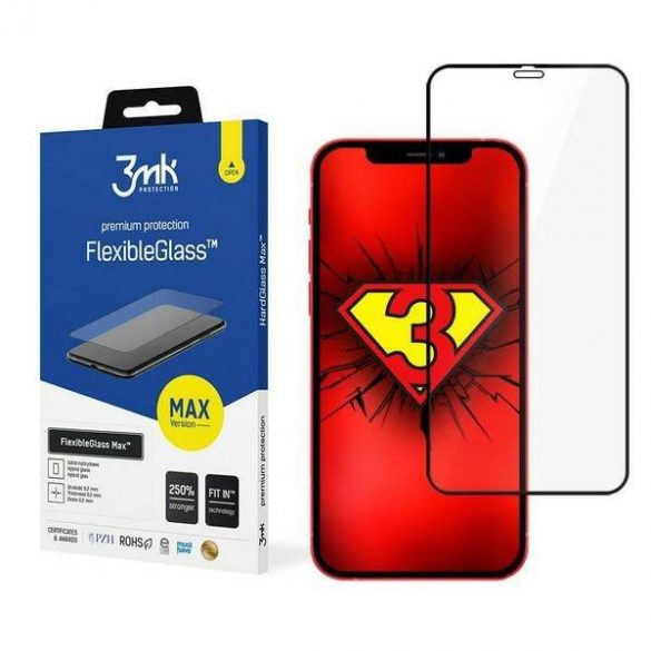 3MK FlexibleGlass Max iPhone 12 mini 5,4" czarny/negru, Szkło Hybrydowe z wzmocnionymi krawędziami protector de ecran