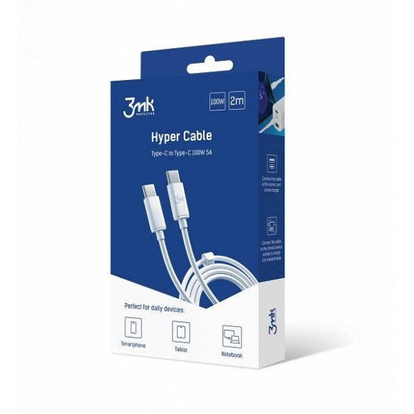 Cablu Hyper 3MK USB-C/USB-C 2m 100W Kabel Biały/Alb