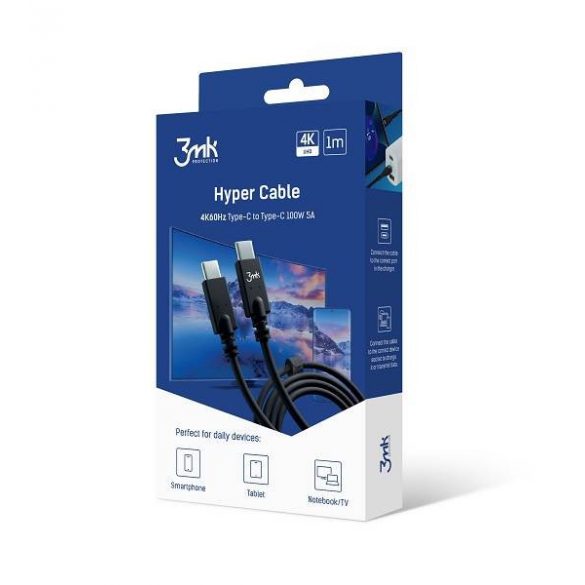 Cablu Hyper 3MK USB-C/USB-C 4K 60Hz cablu biały 1m 100W