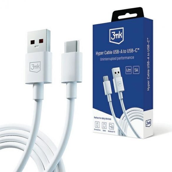 3MK Hyper Cablu USB-A la USB-C 5A 60W 1.2m bia³, y/alb 