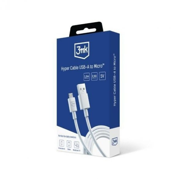 Cablu Hyper 3MK USB-A - Micro USB 1,2m 5V 2,4A Biały/Cablu alb