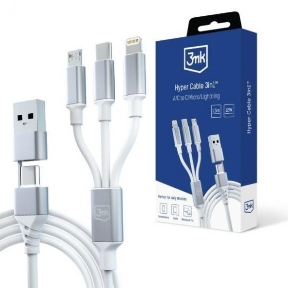 Cablu Hyper 3MK 3w1 USB-A/USB-C - USB-C/Micro/Lightning 1,5 m Biały/Cablu alb