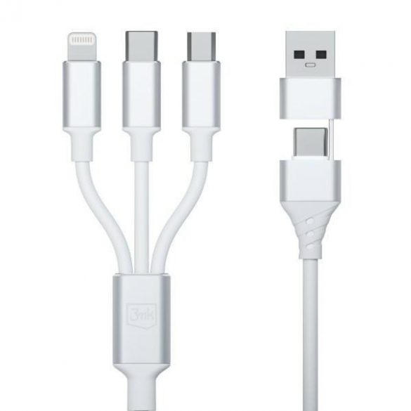 Cablu Hyper 3MK 3w1 USB-A/USB-C - USB-C/Micro/Lightning 1,5 m Biały/Cablu alb