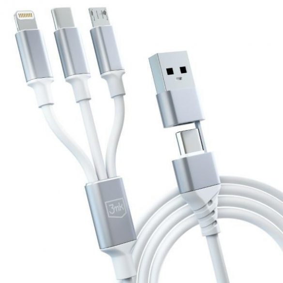 Cablu Hyper 3MK 3w1 USB-A/USB-C - USB-C/Micro/Lightning 1,5 m Biały/Cablu alb