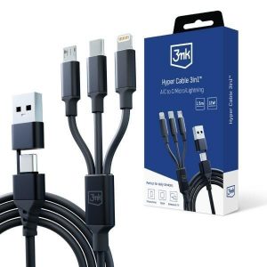 Cablu Hyper 3MK 3w1 USB-A/USB-C - USB-C/Micro/Lightning 1,5 m Czarny/Black Kabel