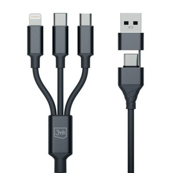 Cablu Hyper 3MK 3w1 USB-A/USB-C - USB-C/Micro/Lightning 1,5 m Czarny/Black Kabel