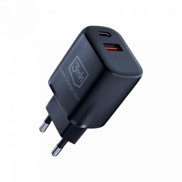 3MK HyperCharger 20W 1xUSB-C + 1xUSB-A ładowarka sieciowa PD/QC czarna/negru