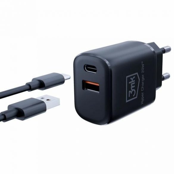 3MK HyperCharger 20W 1xUSB-C + 1xUSB-A ładowarka sieciowa PD/QC czarna/negru