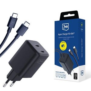 3MK Hyper Incarcator PD 45W ład. sieć. czarna/negru + 2x Cabluri USB-C