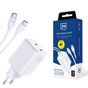 3MK Hyper Incarcator PD 45W ład. sieć. biała/alb + 2x Cabluri USB-C