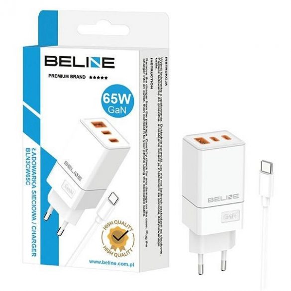 Beline Ład. siec. 2x USB-C + 1x USB 65W + cablu USB-C biały/alb PD 3.0 + QC 3.0 BLN3CW65C GaN