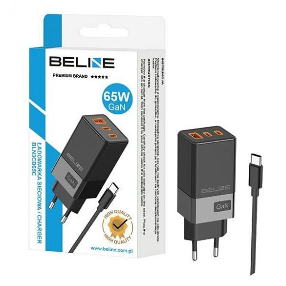 Beline Ład. siec. 2x USB-C + 1x USB 65W + kabel USB-C czarny/negru PD 3.0 + QC 3.0 BLN3CB65C GaN