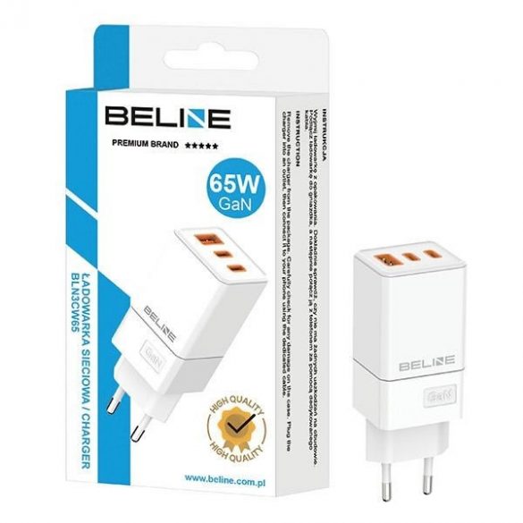 Beline Ład. siec. 2x USB-C + 1x USB 65W biały/alb (numai cap) PD 3.0 + QC 3.0 BLN3CW65 GaN