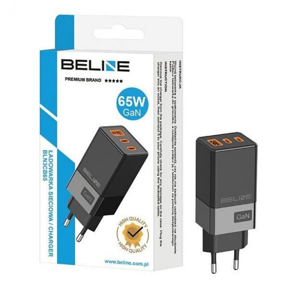 Beline Ład. siec. 2x USB-C + 1x USB 65W czarny/negru (numai cap) PD 3.0 + QC 3.0 BLN3CB65 GaN