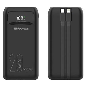 AWEI PowerBank P169K 20000mAh 22.5W czarny/negru wyświetlacz + cablu PD/Lightning