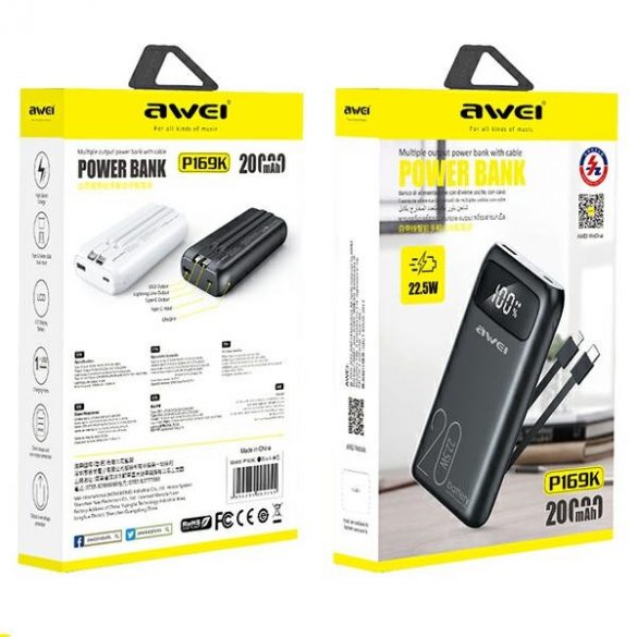 AWEI PowerBank P169K 20000mAh 22.5W czarny/negru wyświetlacz + cablu PD/Lightning