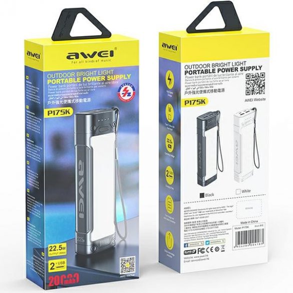 AWEI PowerBank P175K 20000mAh 22.5W negru/negru 2xUSB/PD + lumină LED