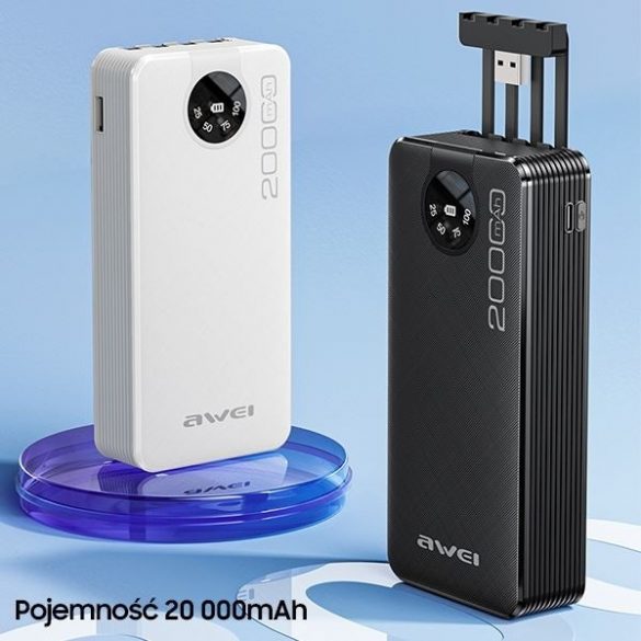 AWEI PowerBank P134K 20000mAh negru/negru display + cabluri USB/PD/Lightning/MicroUSB