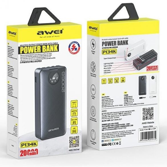 AWEI PowerBank P134K 20000mAh negru/negru display + cabluri USB/PD/Lightning/MicroUSB