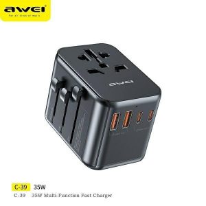 Awei Ład. siec. 2xUSB+3xUSB-C Adaptor C-39 35W 4w1 US/AU/EU/UK czarny/negru Univesal Travel GaN Charger